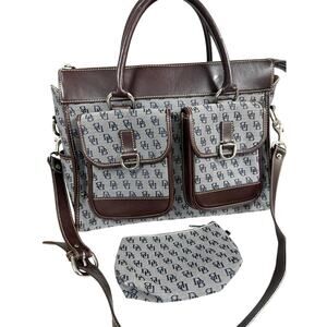 VTG Dooney & Bourke Monogram Double Pocket Tote Navy Canvas Leather Trim w Pouch